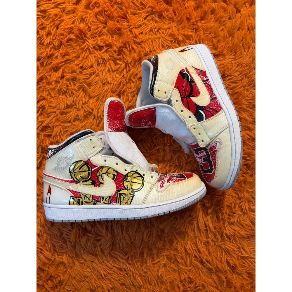 Air Jordan 1 Mid Custom Painted Chicago Bulls Championship Sneakers Red Cream 12